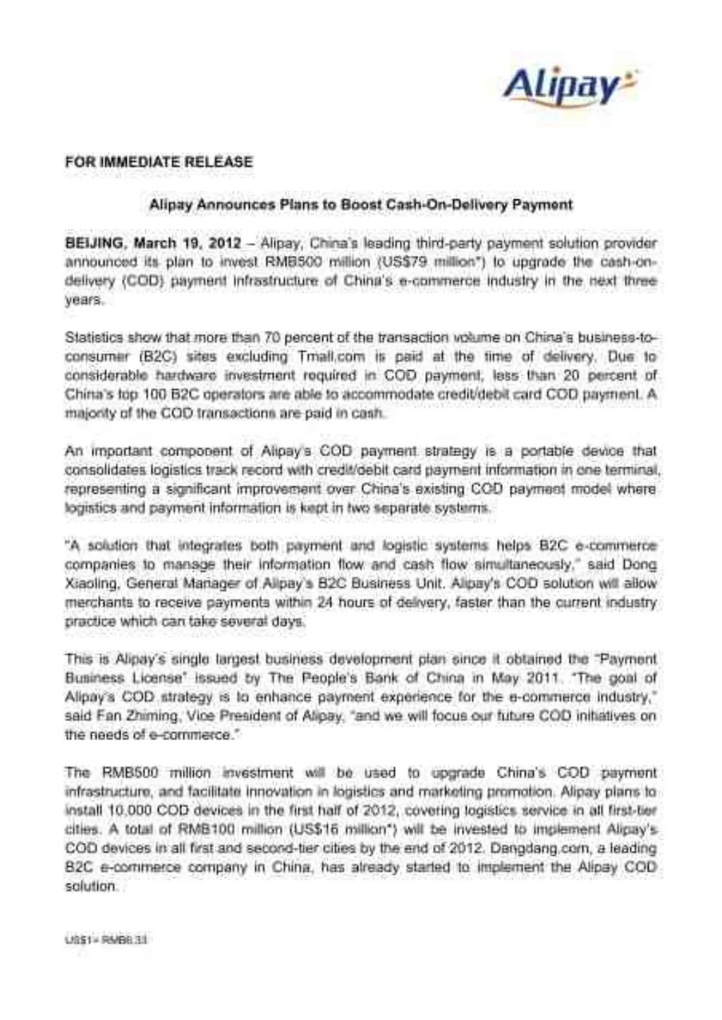 Does Alibaba have cash on delivery? [year]
